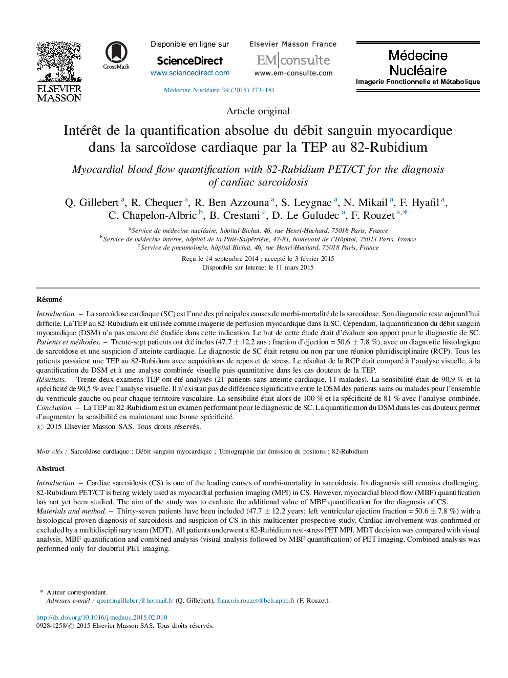 Intérêt de la quantification absolue du débit sanguin myocardique dans la sarcoïdose cardiaque par la TEP au 82-Rubidium