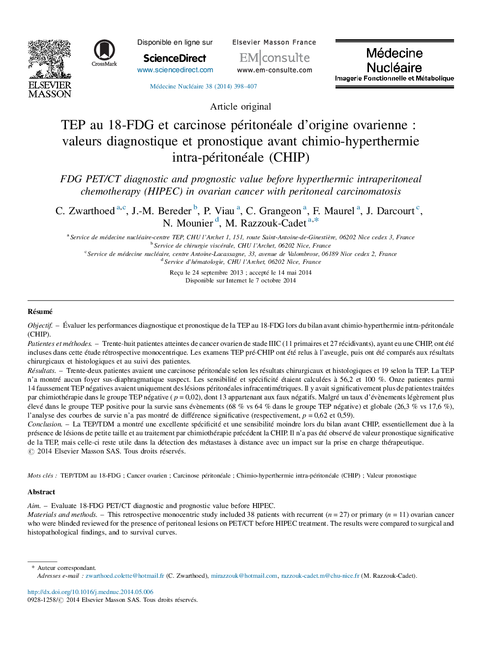 TEP au 18-FDG et carcinose péritonéale d’origine ovarienne : valeurs diagnostique et pronostique avant chimio-hyperthermie intra-péritonéale (CHIP)