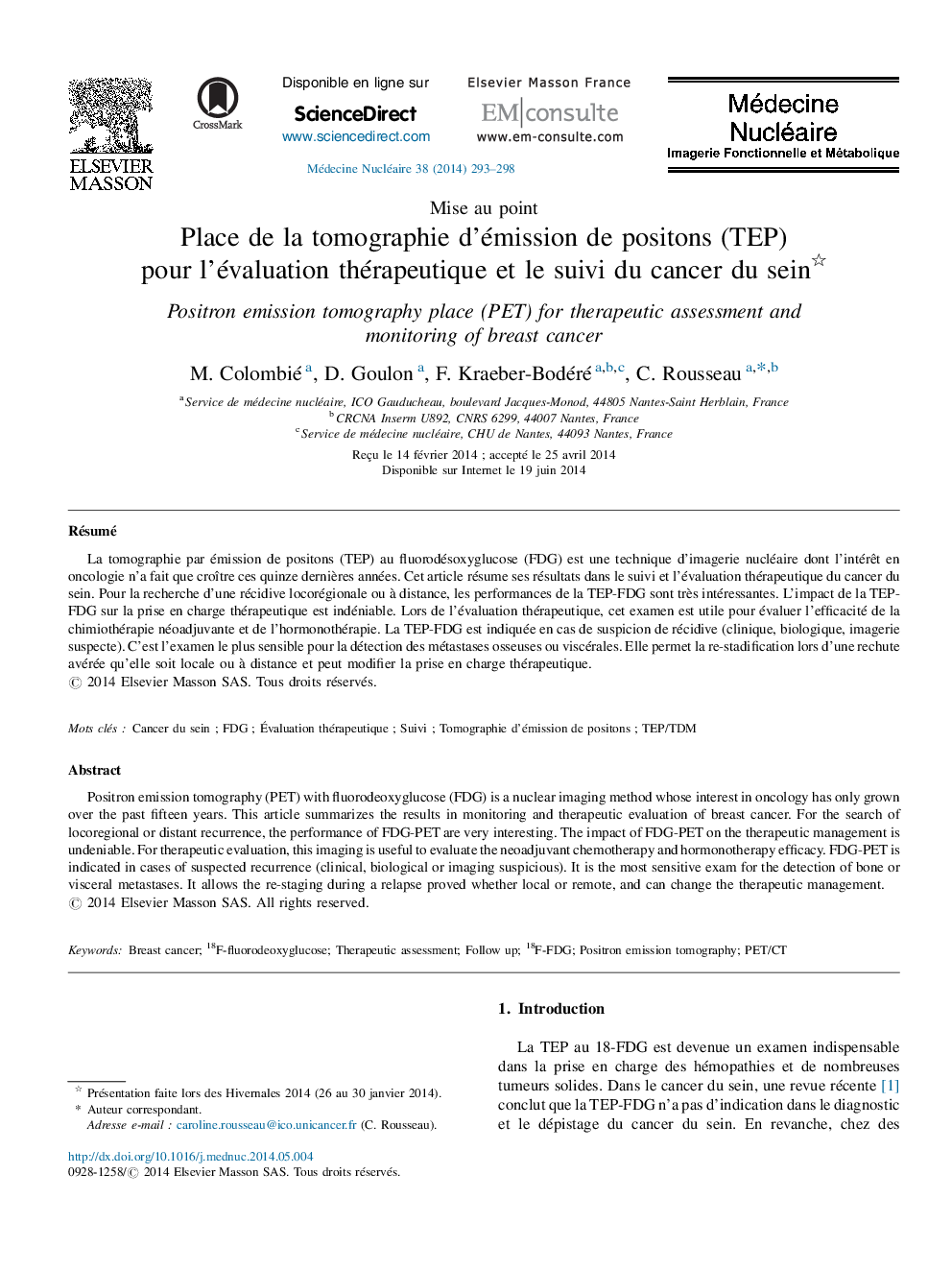 Place de la tomographie d’émission de positons (TEP) pour l’évaluation thérapeutique et le suivi du cancer du sein 