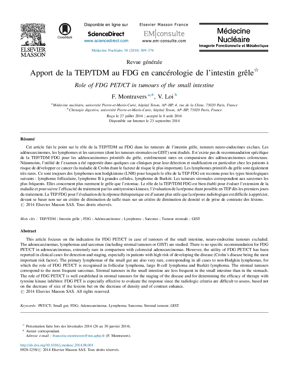 Apport de la TEP/TDM au FDG en cancérologie de l’intestin grêle 