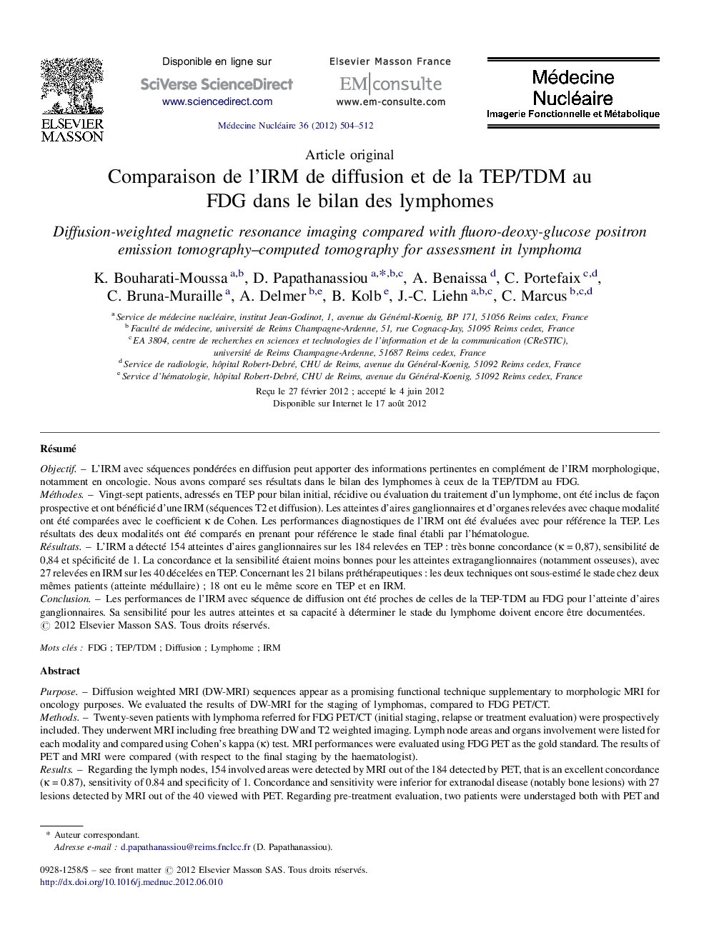 Comparaison de l’IRM de diffusion et de la TEP/TDM au FDG dans le bilan des lymphomes