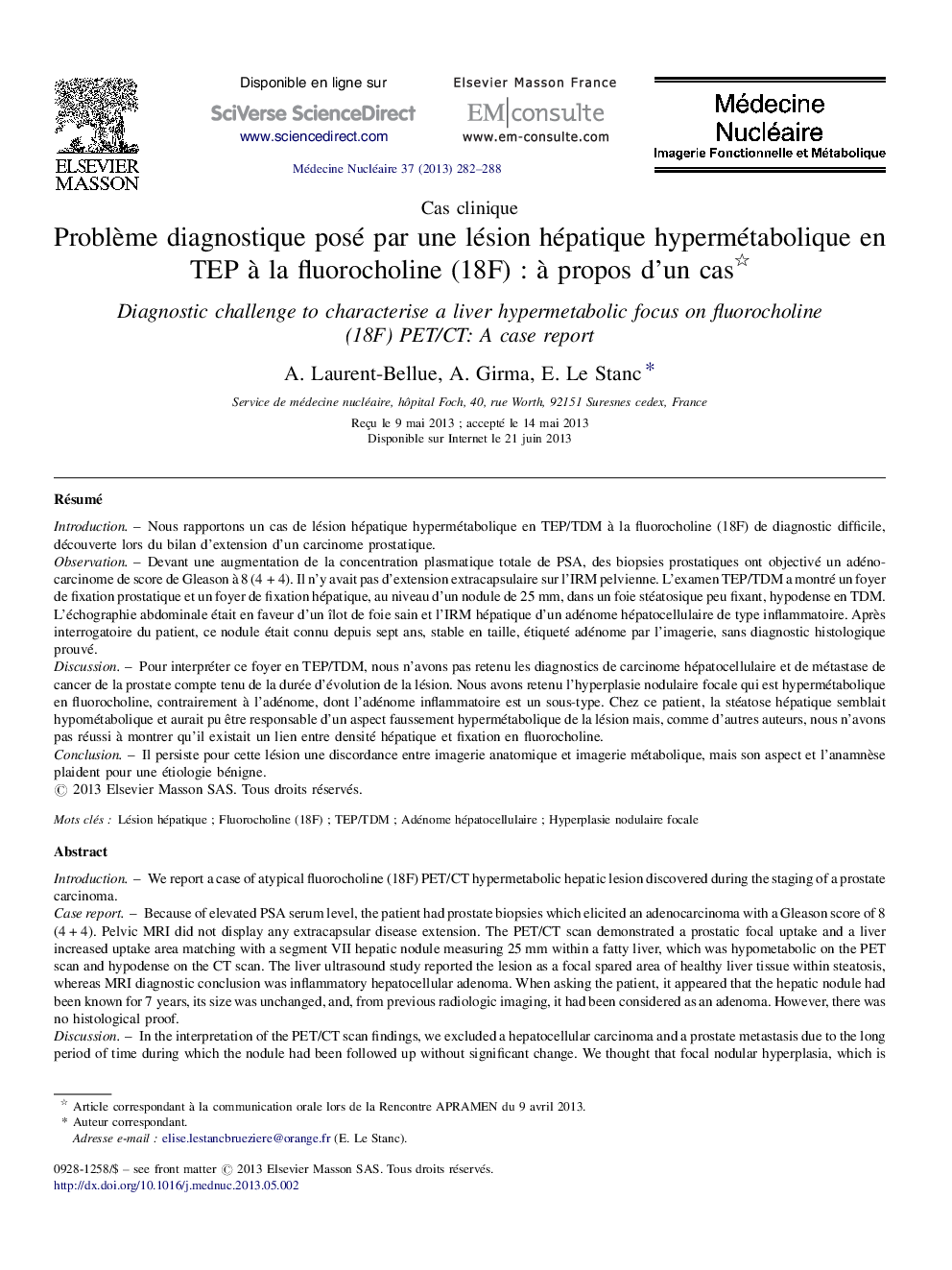 Problème diagnostique posé par une lésion hépatique hypermétabolique en TEP à la fluorocholine (18F) : à propos d’un cas 