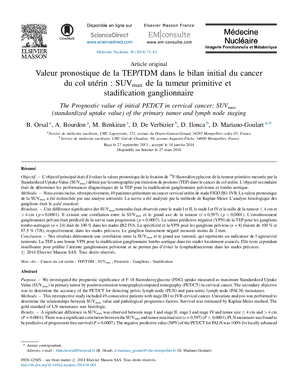 Valeur pronostique de la TEP/TDM dans le bilan initial du cancer du col utérin : SUVmax de la tumeur primitive et stadification ganglionnaire