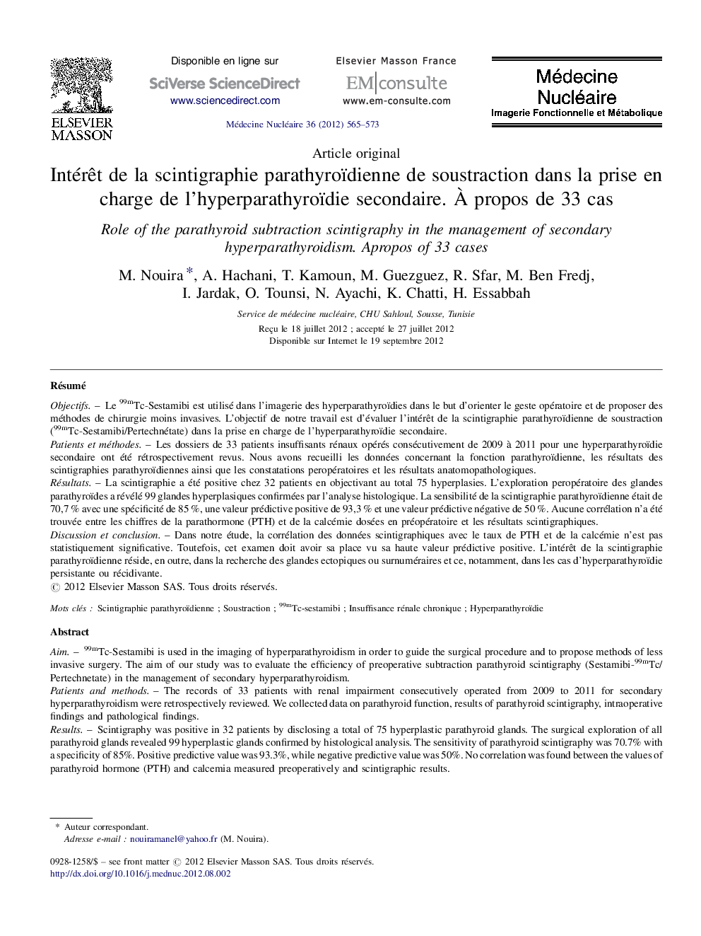 Intérêt de la scintigraphie parathyroïdienne de soustraction dans la prise en charge de l’hyperparathyroïdie secondaire. À propos de 33 cas