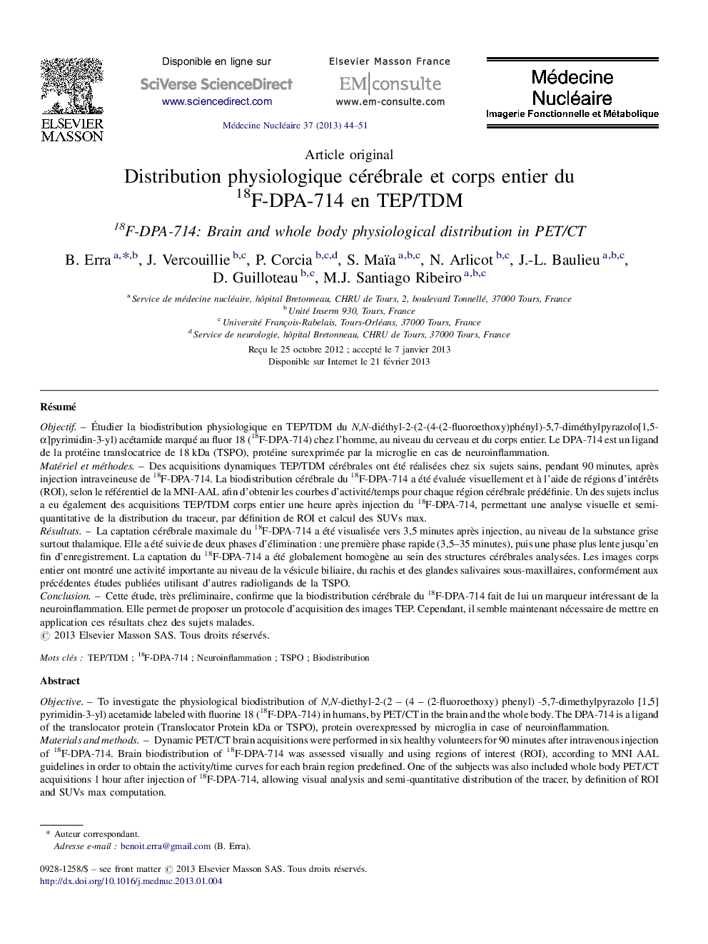 Distribution physiologique cérébrale et corps entier du 18F-DPA-714 en TEP/TDM