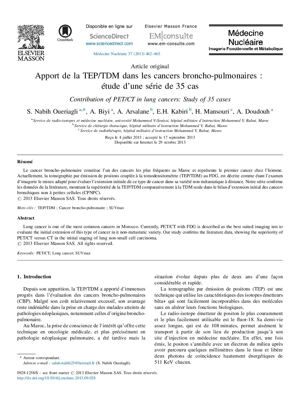 Apport de la TEP/TDM dans les cancers broncho-pulmonaires : étude d’une série de 35 cas