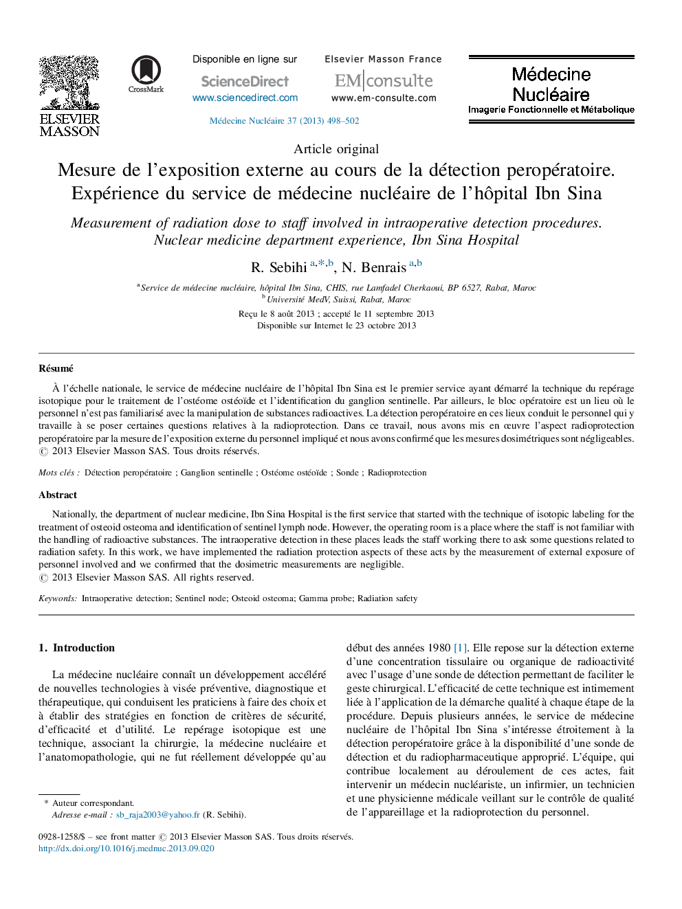 Mesure de l’exposition externe au cours de la détection peropératoire. Expérience du service de médecine nucléaire de l’hôpital Ibn Sina