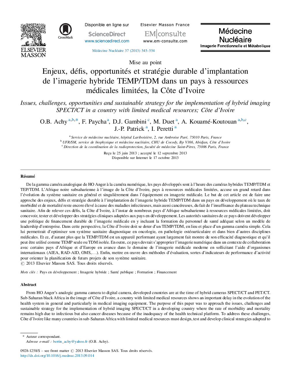 Enjeux, défis, opportunités et stratégie durable d’implantation de l’imagerie hybride TEMP/TDM dans un pays à ressources médicales limitées, la Côte d’Ivoire