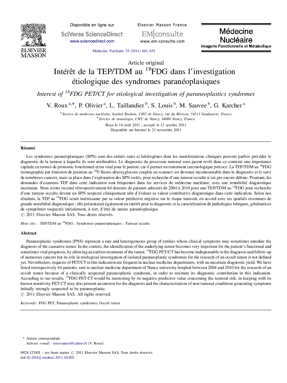 Intérêt de la TEP/TDM au 18FDG dans l’investigation étiologique des syndromes paranéoplasiques