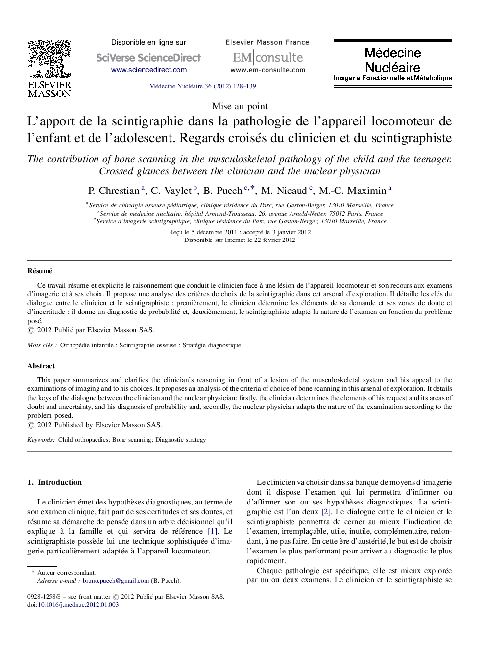 L’apport de la scintigraphie dans la pathologie de l’appareil locomoteur de l’enfant et de l’adolescent. Regards croisés du clinicien et du scintigraphiste