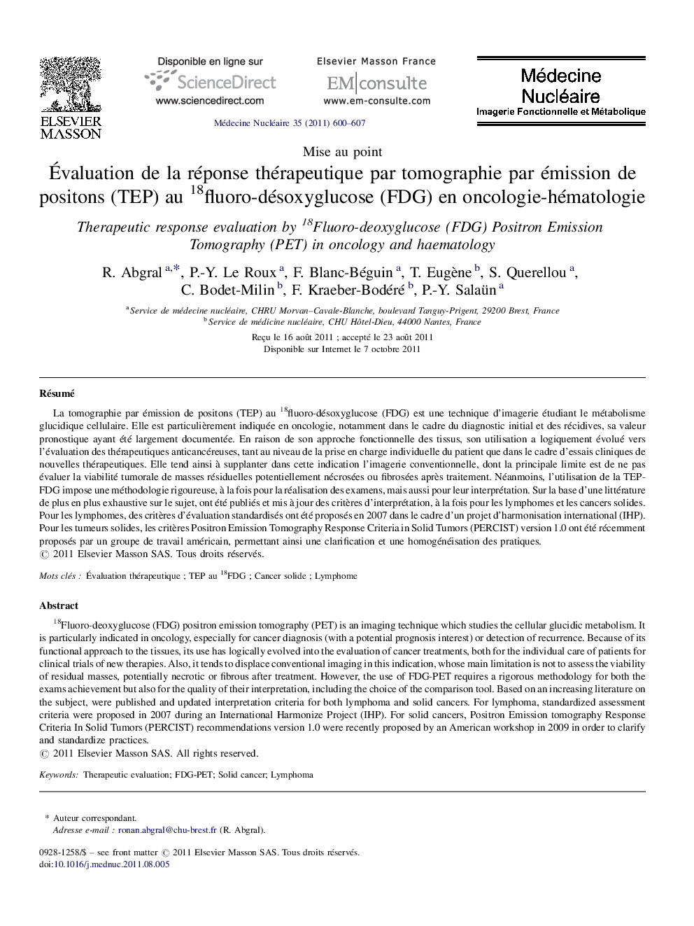 Évaluation de la réponse thérapeutique par tomographie par émission de positons (TEP) au 18fluoro-désoxyglucose (FDG) en oncologie-hématologie