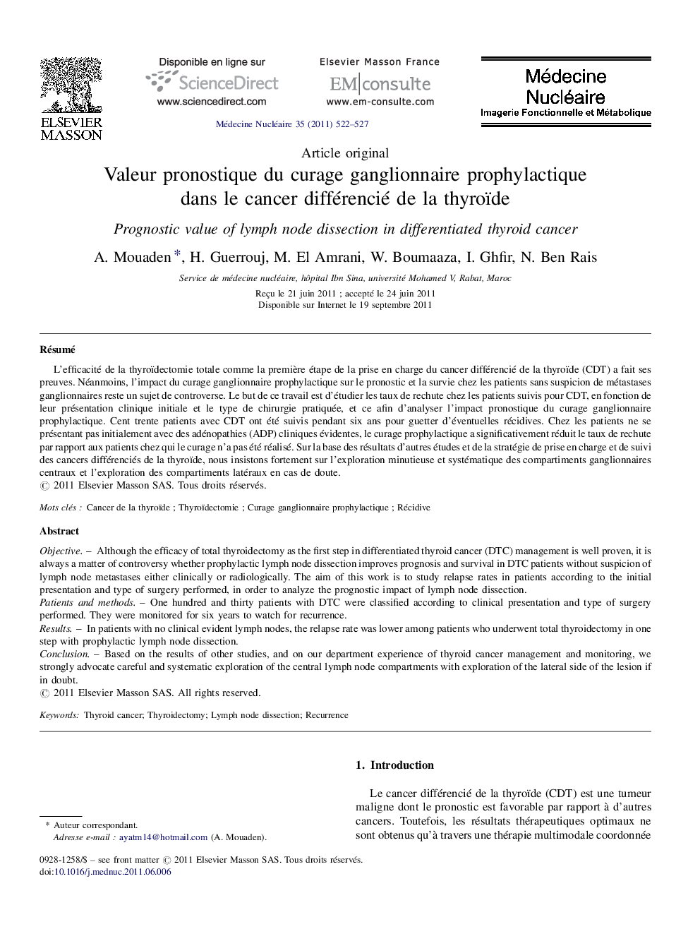 Valeur pronostique du curage ganglionnaire prophylactique dans le cancer différencié de la thyroïde