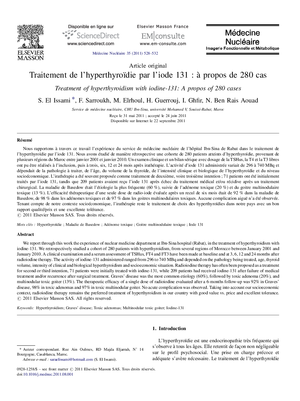 Traitement de l’hyperthyroïdie par l’iode 131 : à propos de 280 cas