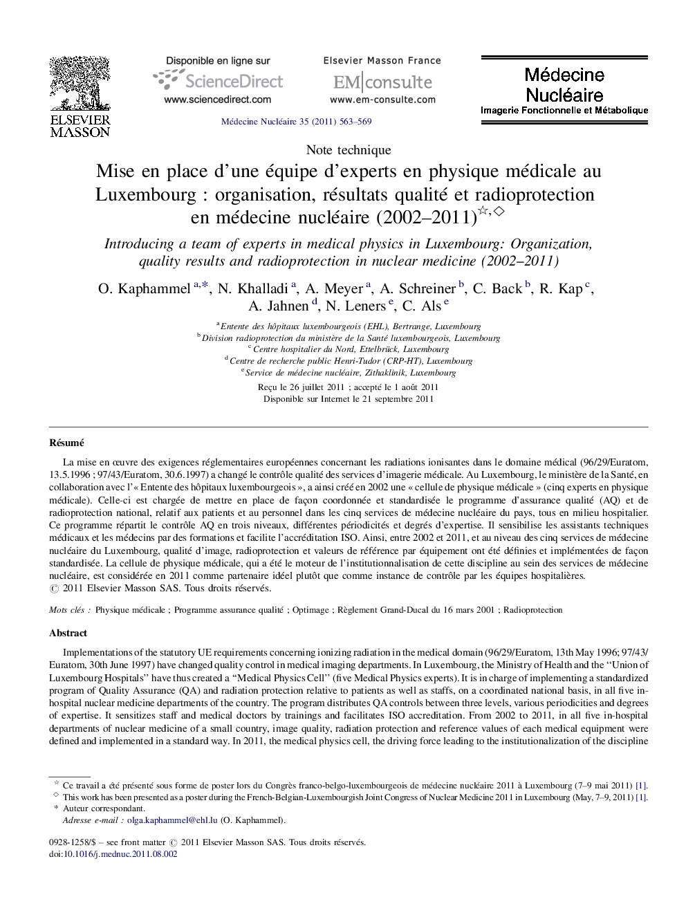 Mise en place d’une équipe d’experts en physique médicale au Luxembourg : organisation, résultats qualité et radioprotection en médecine nucléaire (2002–2011) ◊