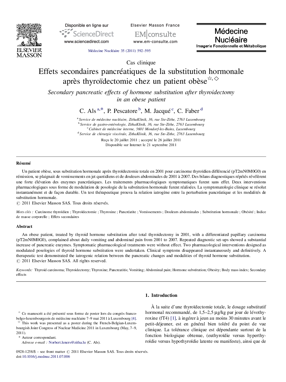 Effets secondaires pancréatiques de la substitution hormonale après thyroïdectomie chez un patient obèse ◊