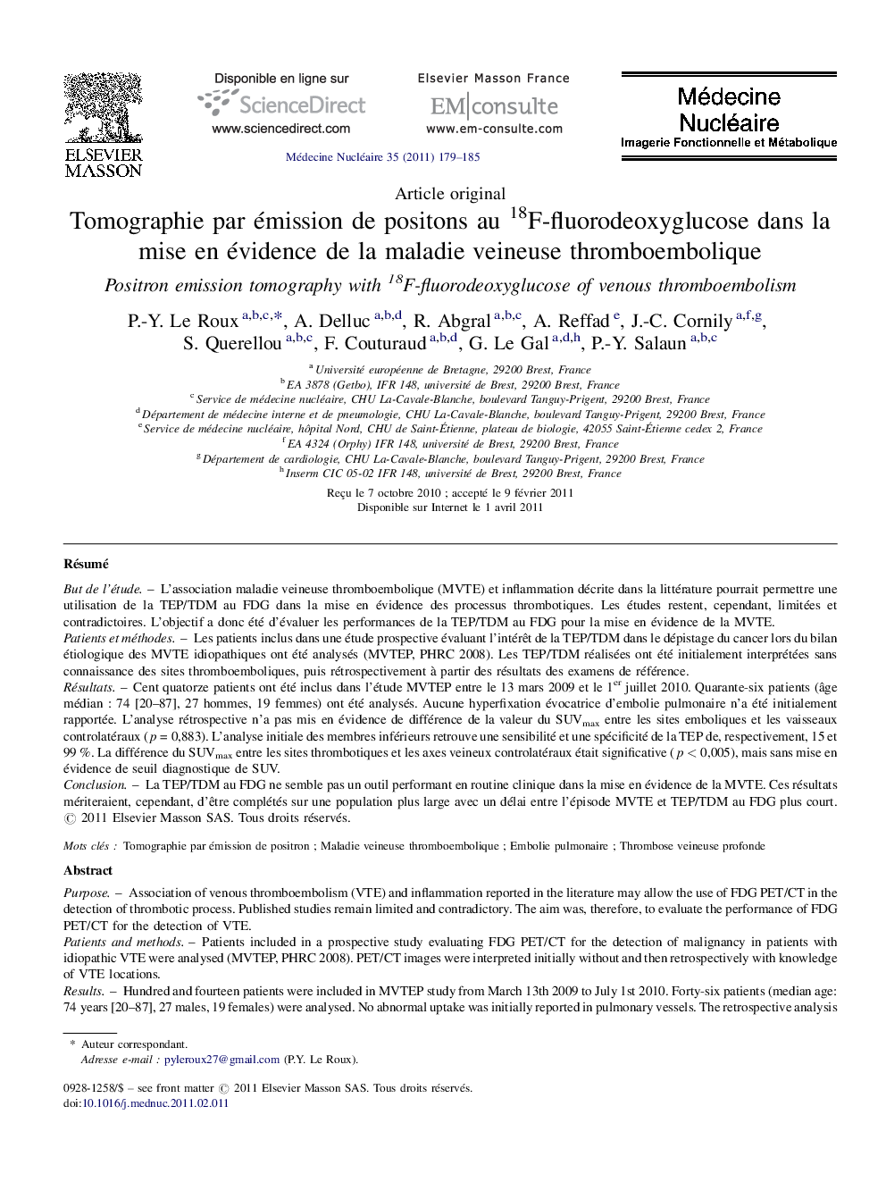 Tomographie par émission de positons au 18F-fluorodeoxyglucose dans la mise en évidence de la maladie veineuse thromboembolique