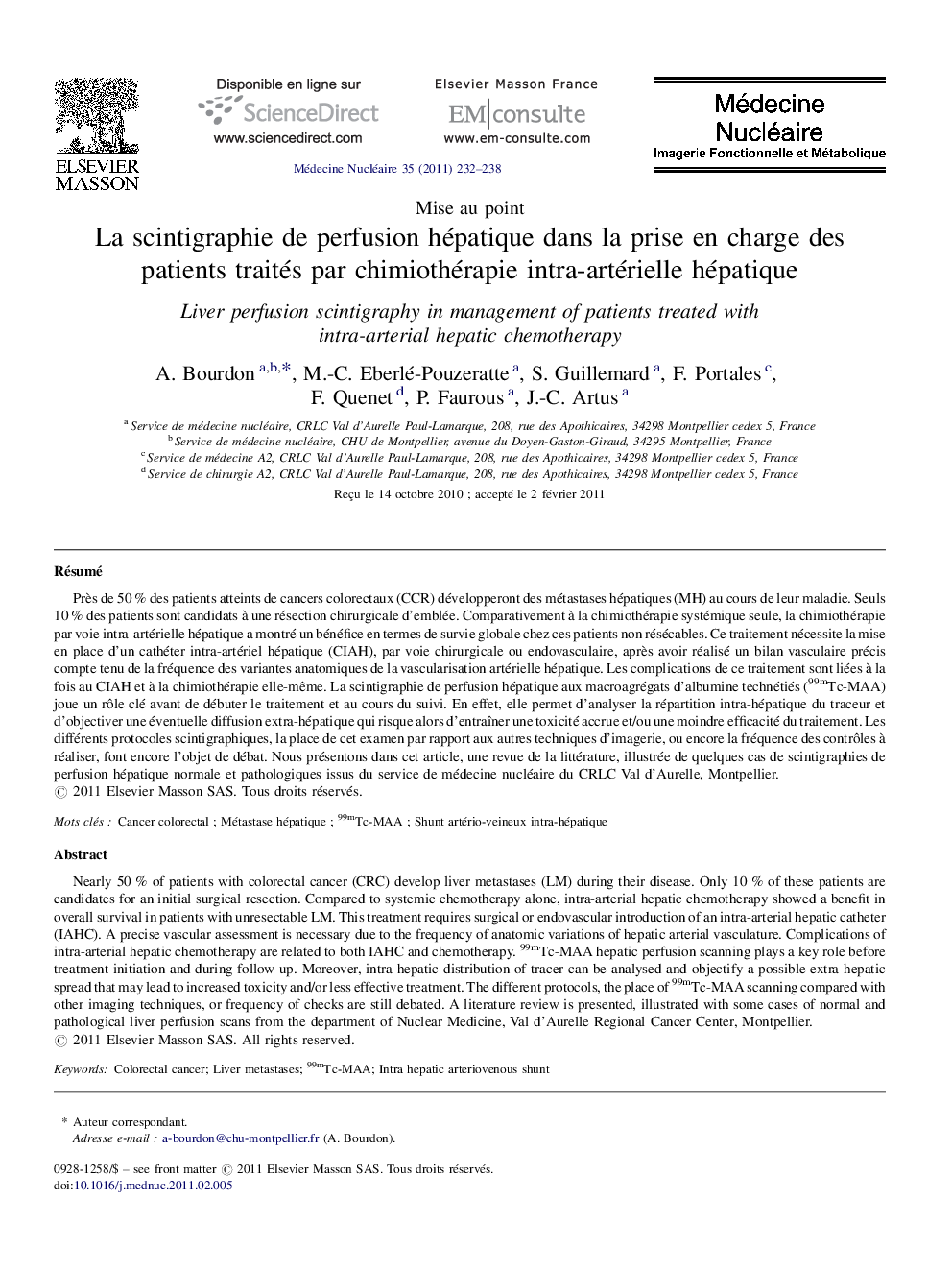 La scintigraphie de perfusion hépatique dans la prise en charge des patients traités par chimiothérapie intra-artérielle hépatique