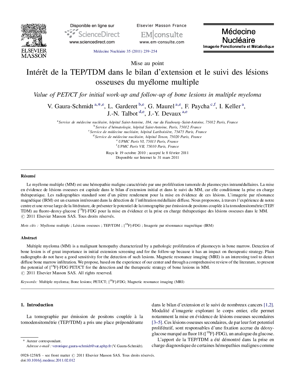 Intérêt de la TEP/TDM dans le bilan d’extension et le suivi des lésions osseuses du myélome multiple