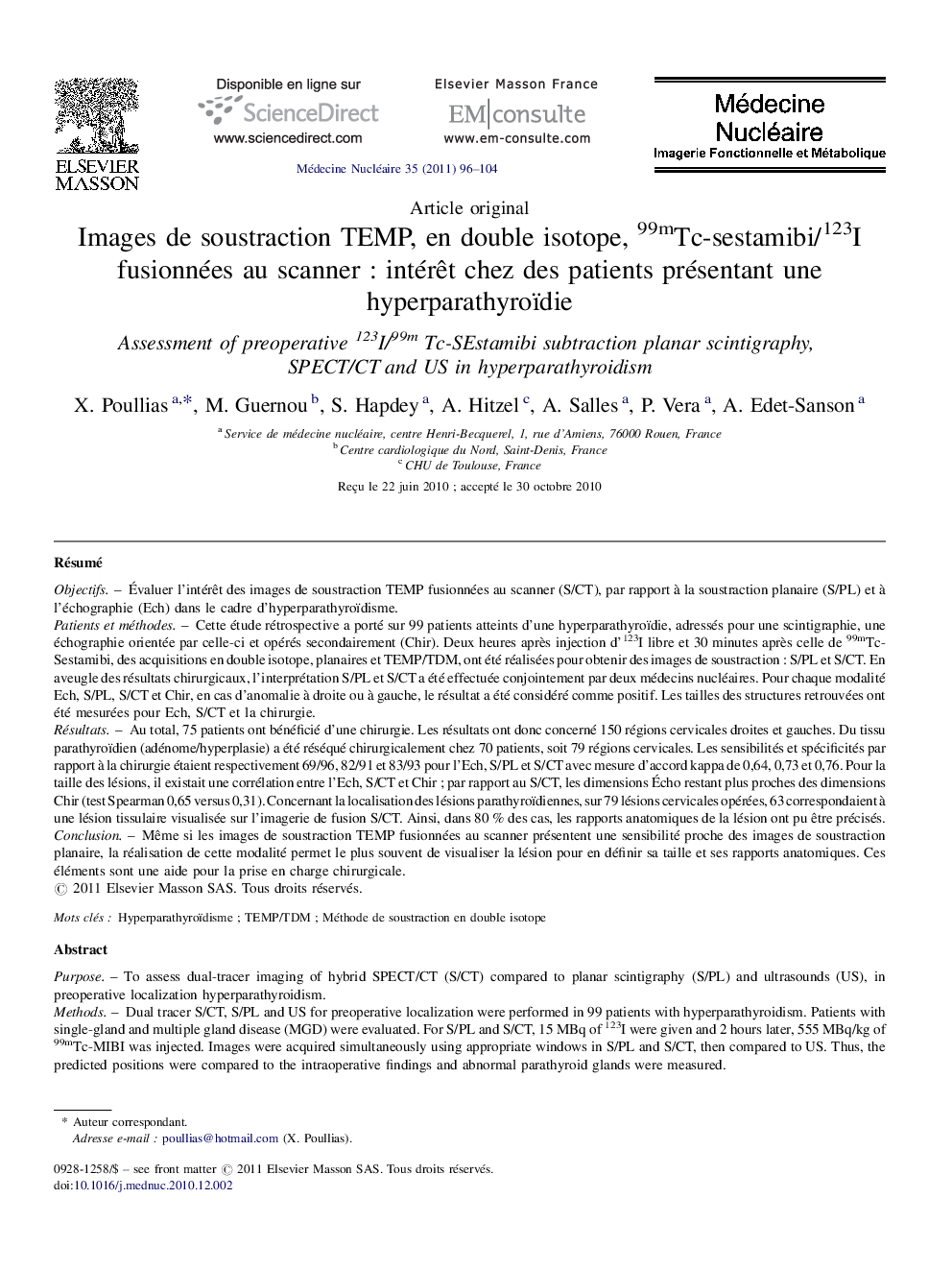 Images de soustraction TEMP, en double isotope, 99mTc-sestamibi/123I fusionnées au scanner : intérêt chez des patients présentant une hyperparathyroïdie