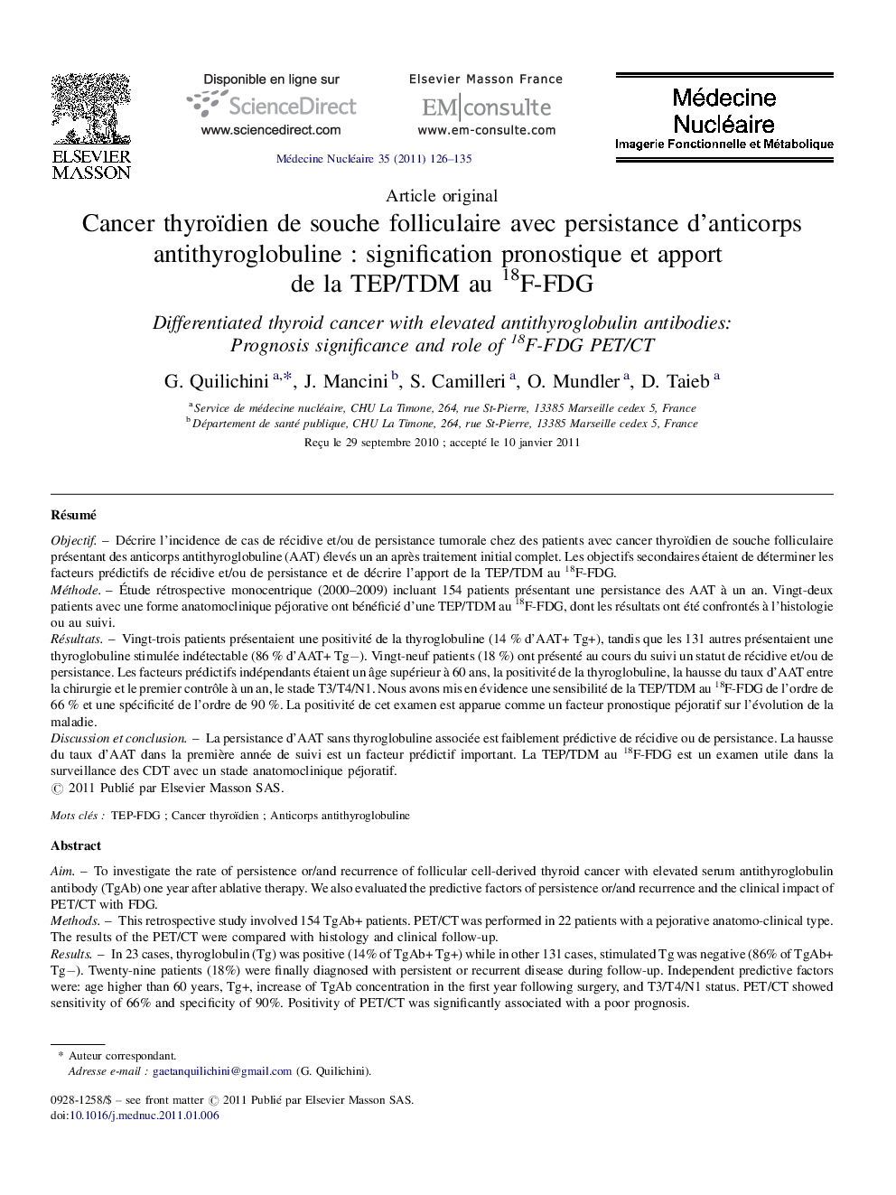 Cancer thyroïdien de souche folliculaire avec persistance d’anticorps antithyroglobuline : signification pronostique et apport de la TEP/TDM au 18F-FDG