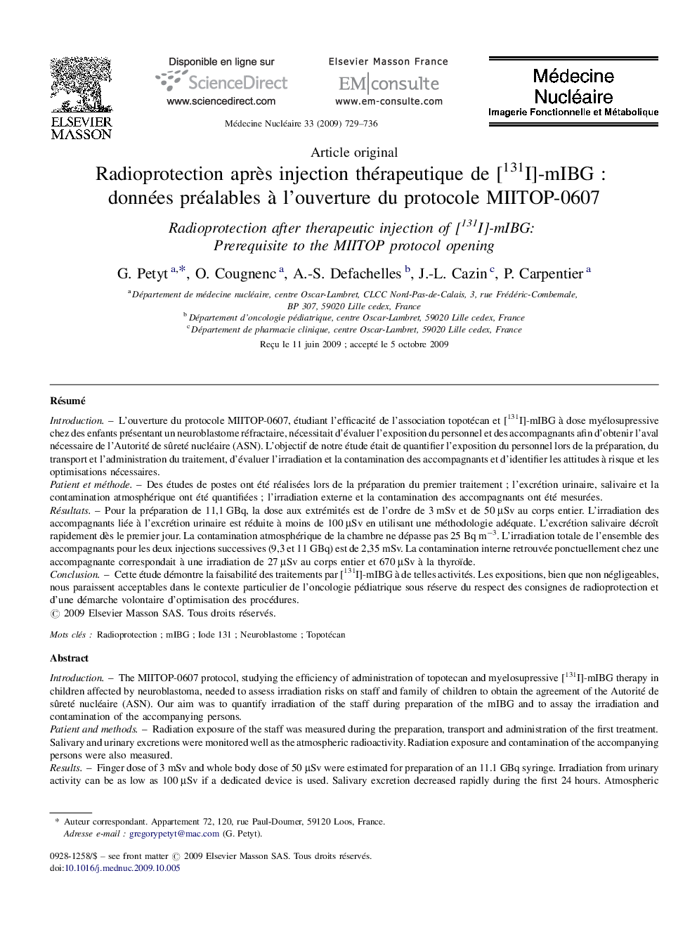 Radioprotection après injection thérapeutique de [131I]-mIBG : données préalables à l’ouverture du protocole MIITOP-0607