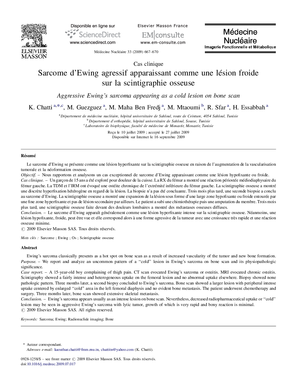 Sarcome d’Ewing agressif apparaissant comme une lésion froide sur la scintigraphie osseuse