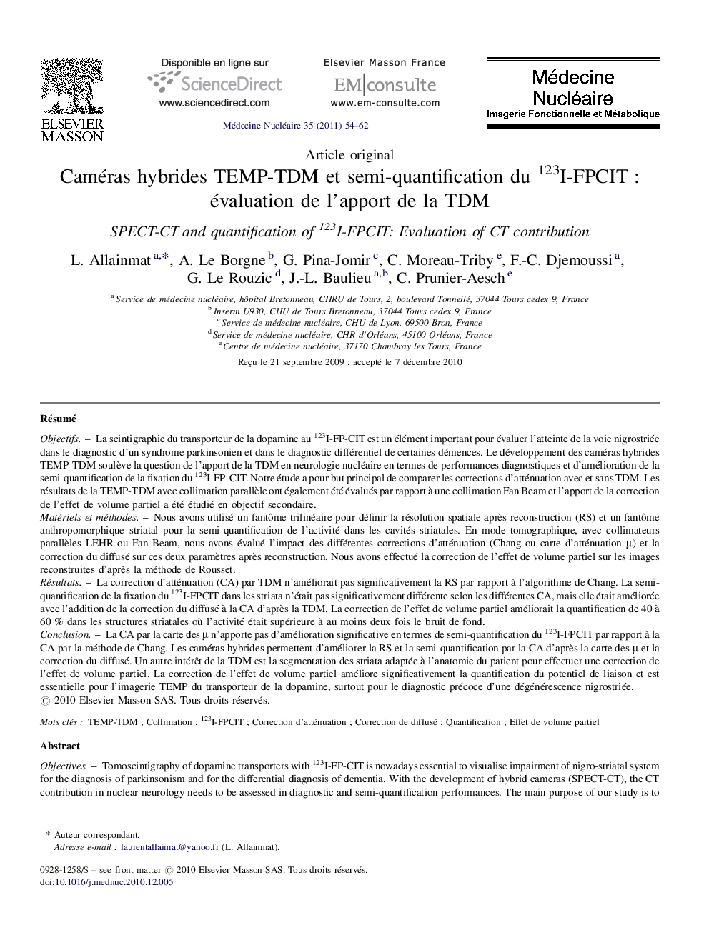 Caméras hybrides TEMP-TDM et semi-quantification du 123I-FPCIT : évaluation de l’apport de la TDM