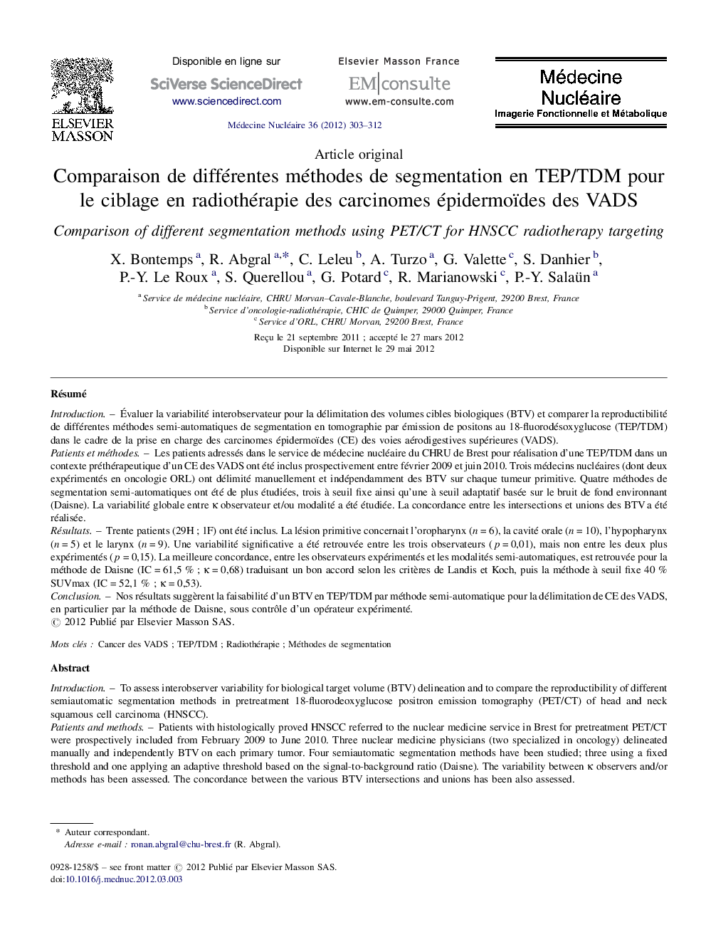 Comparaison de différentes méthodes de segmentation en TEP/TDM pour le ciblage en radiothérapie des carcinomes épidermoïdes des VADS