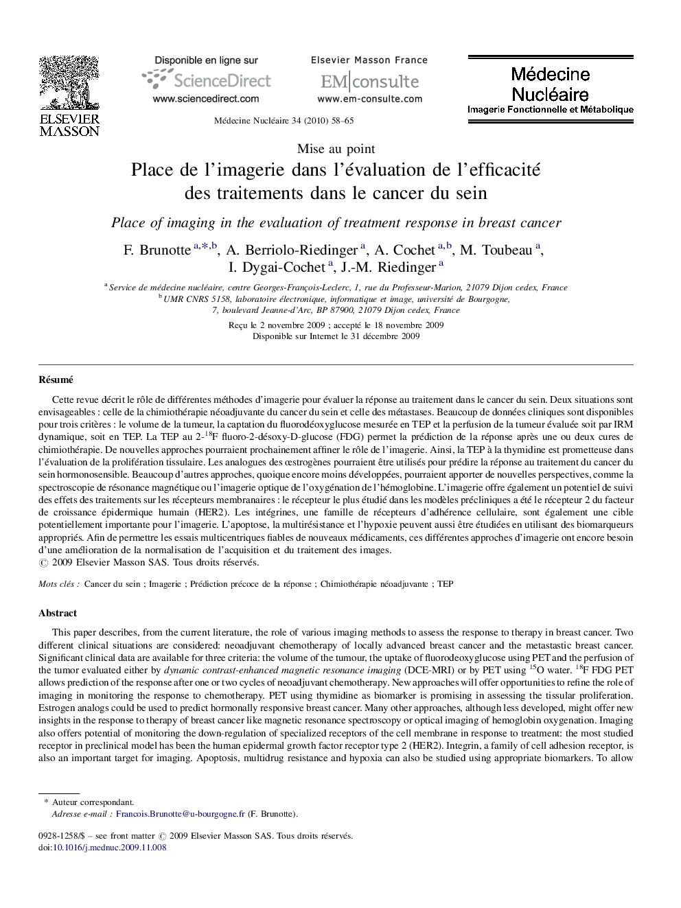 Place de l'imagerie dans l'évaluation de l'efficacité des traitements dans le cancer du sein