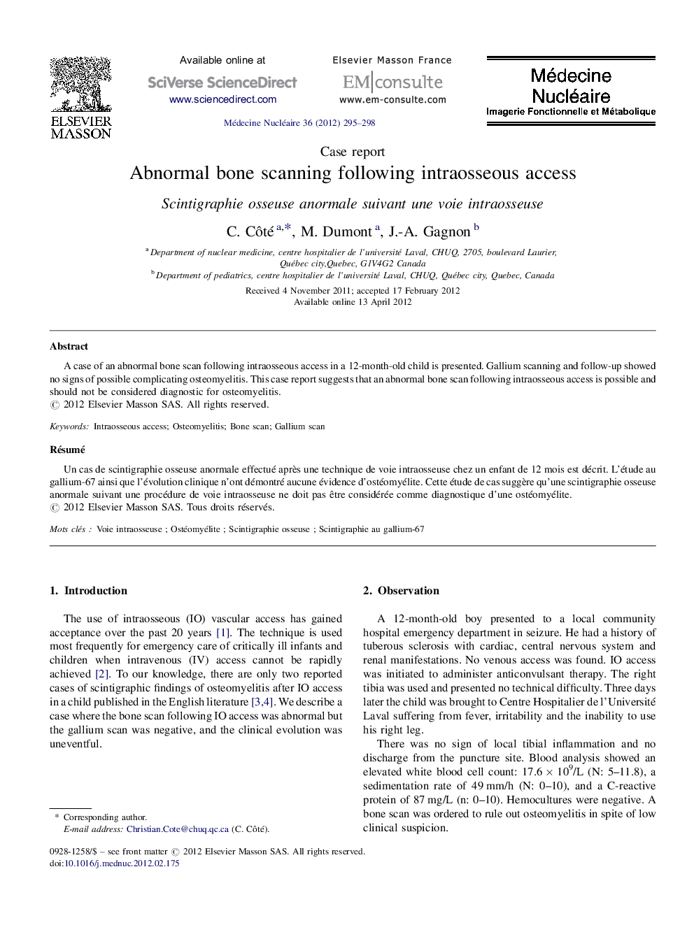 Abnormal bone scanning following intraosseous access