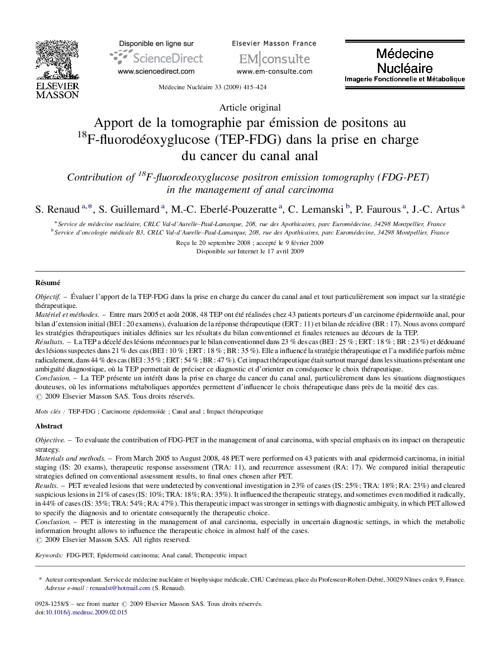 Apport de la tomographie par émission de positons au 18F-fluorodéoxyglucose (TEP-FDG) dans la prise en charge du cancer du canal anal