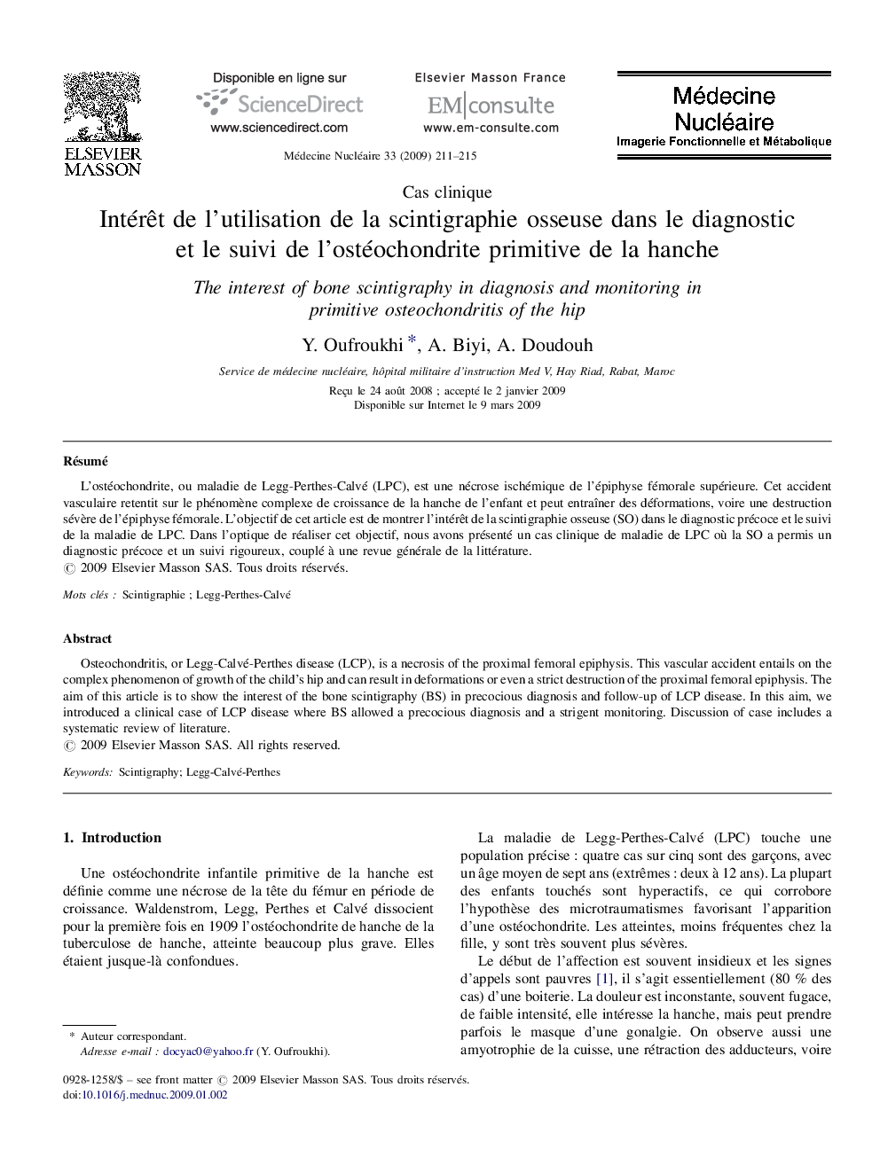 Intérêt de l’utilisation de la scintigraphie osseuse dans le diagnostic et le suivi de l’ostéochondrite primitive de la hanche