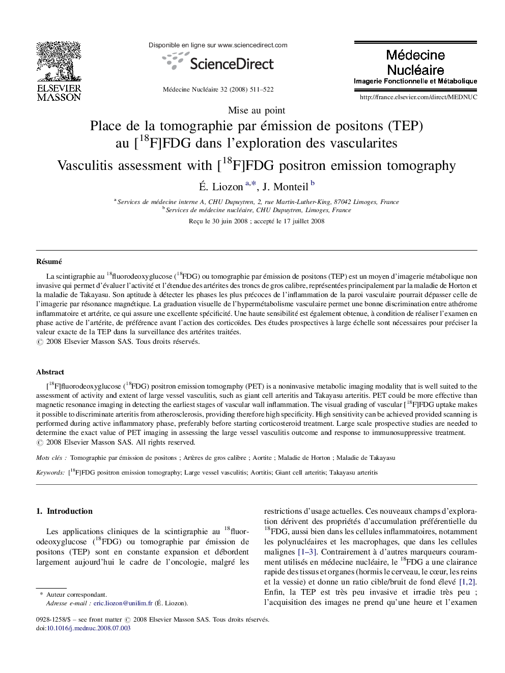 Place de la tomographie par émission de positons (TEP) au [18F]FDG dans l’exploration des vascularites