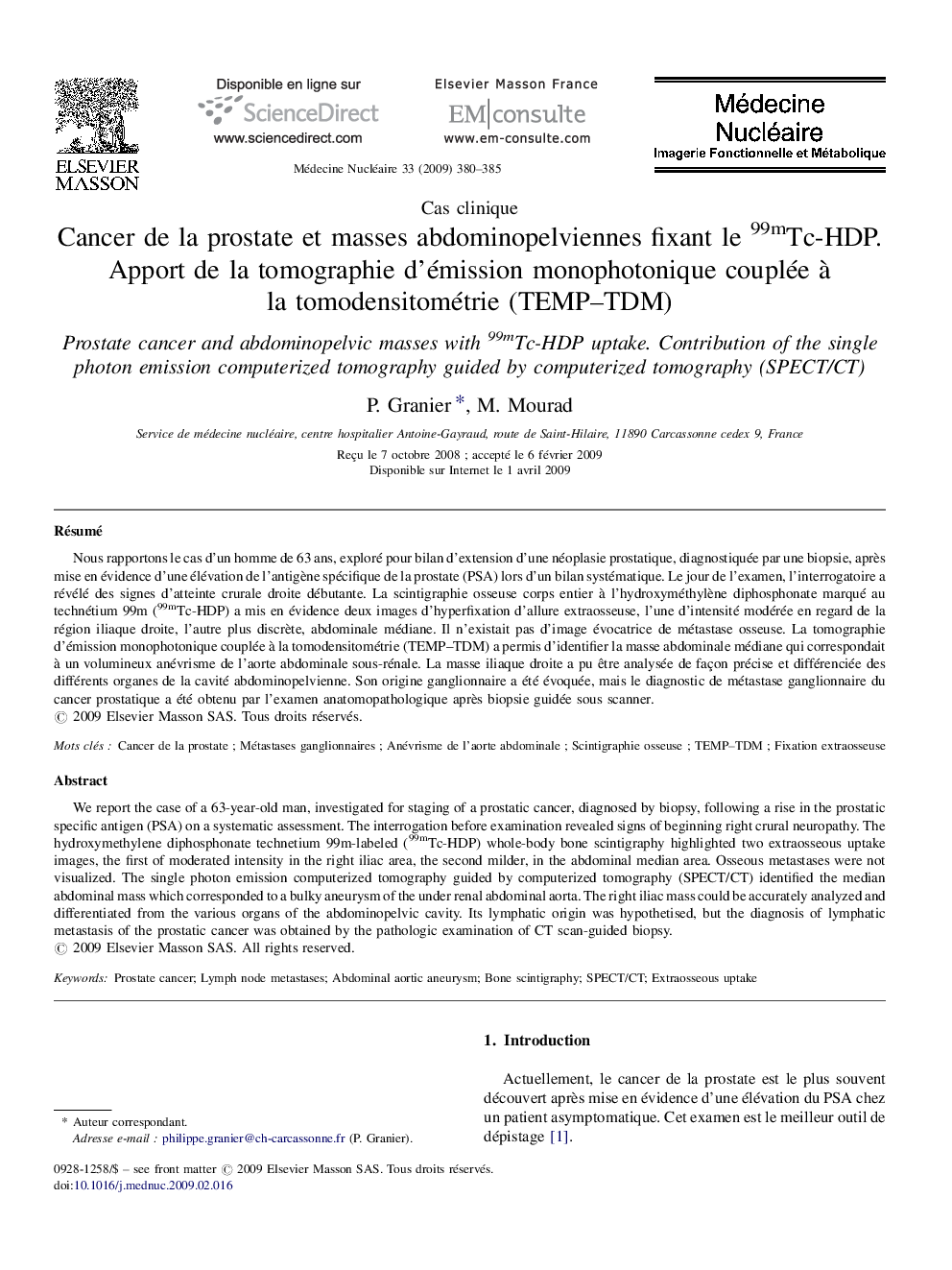 Cancer de la prostate et masses abdominopelviennes fixant le 99mTc-HDP. Apport de la tomographie d'émission monophotonique couplée Ã  la tomodensitométrie (TEMP-TDM)