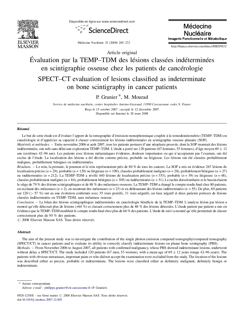 Évaluation par la TEMP–TDM des lésions classées indéterminées en scintigraphie osseuse chez les patients de cancérologie