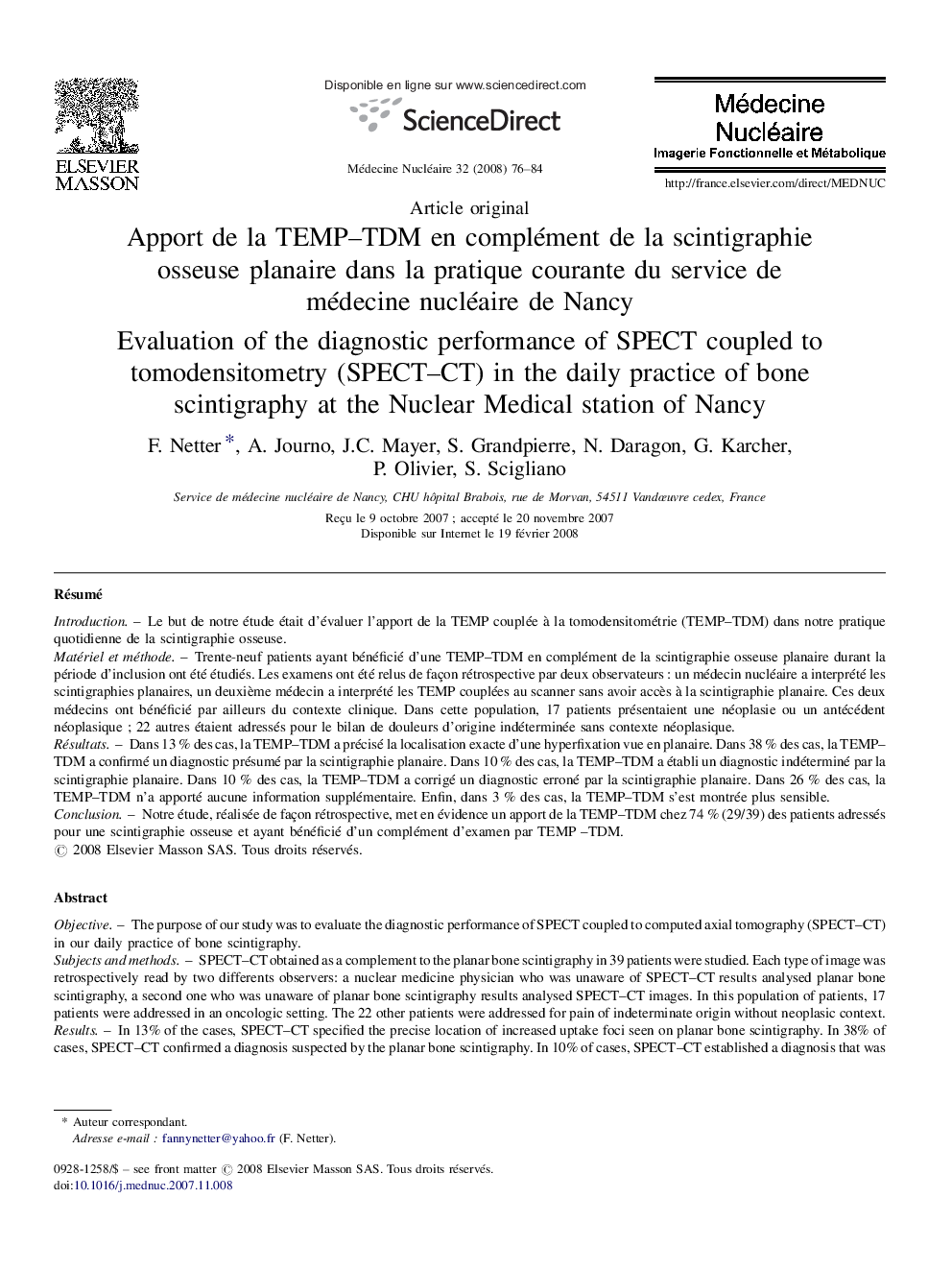 Apport de la TEMP–TDM en complément de la scintigraphie osseuse planaire dans la pratique courante du service de médecine nucléaire de Nancy