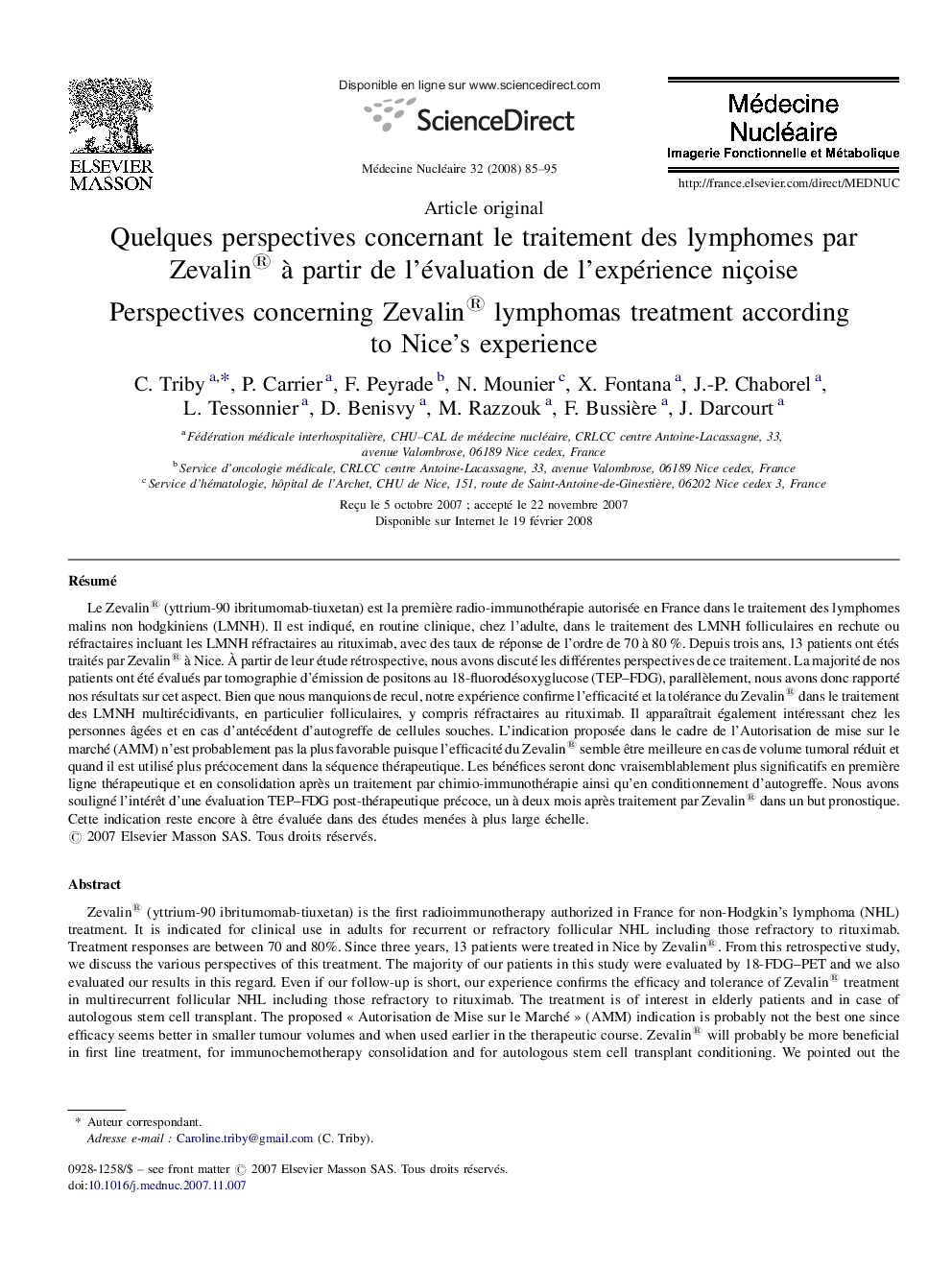 Quelques perspectives concernant le traitement des lymphomes par Zevalin® à partir de l’évaluation de l’expérience niçoise