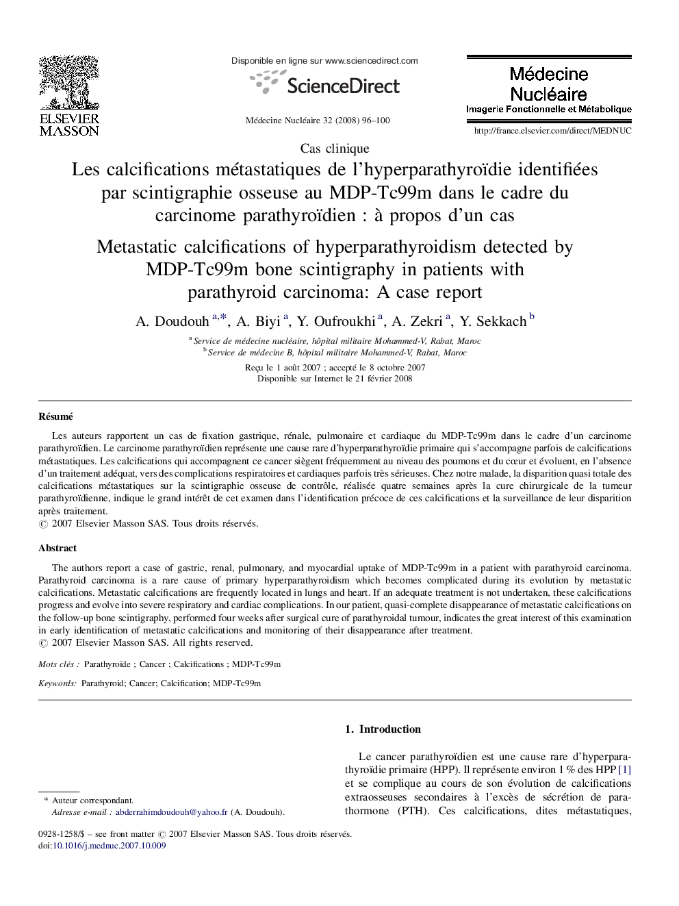 Les calcifications métastatiques de l’hyperparathyroïdie identifiées par scintigraphie osseuse au MDP-Tc99m dans le cadre du carcinome parathyroïdien : à propos d’un cas