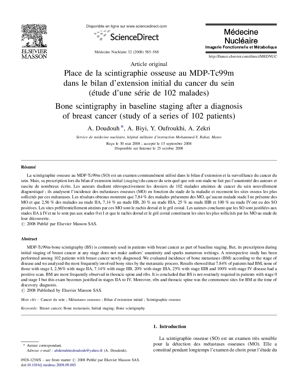 Place de la scintigraphie osseuse au MDP-Tc99m dans le bilan d’extension initial du cancer du sein (étude d’une série de 102 malades)