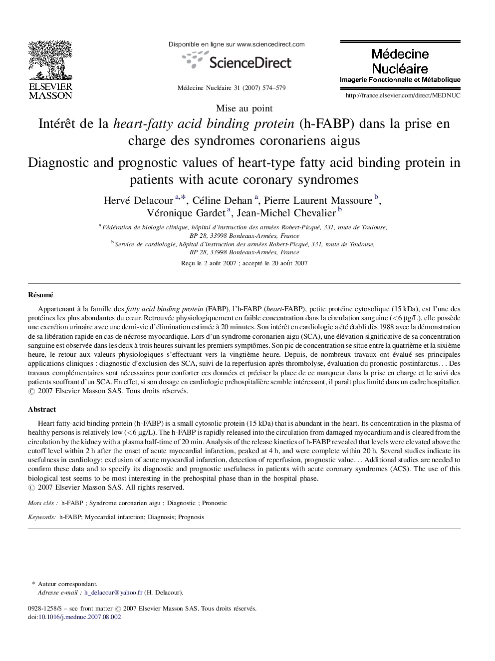 Intérêt de la heart-fatty acid binding protein (h-FABP) dans la prise en charge des syndromes coronariens aigus