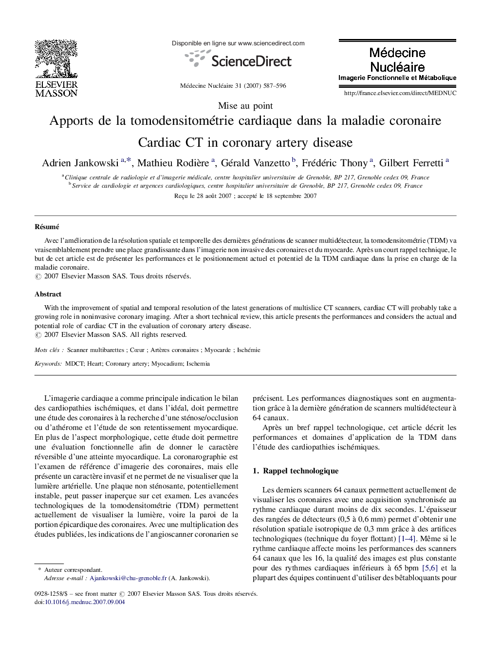 Apports de la tomodensitométrie cardiaque dans la maladie coronaire