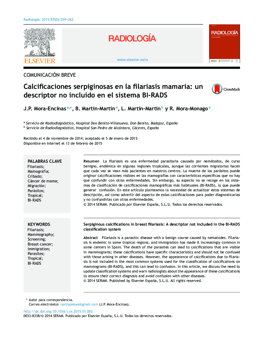 عکس صفحه اول مقاله: Calcificaciones serpiginosas en la filariasis mamaria: un descriptor no incluido en el sistema BI-RADS Calcificaciones serpiginosas en la filariasis mamaria: un descriptor no incluido en el sistema BI-RADS