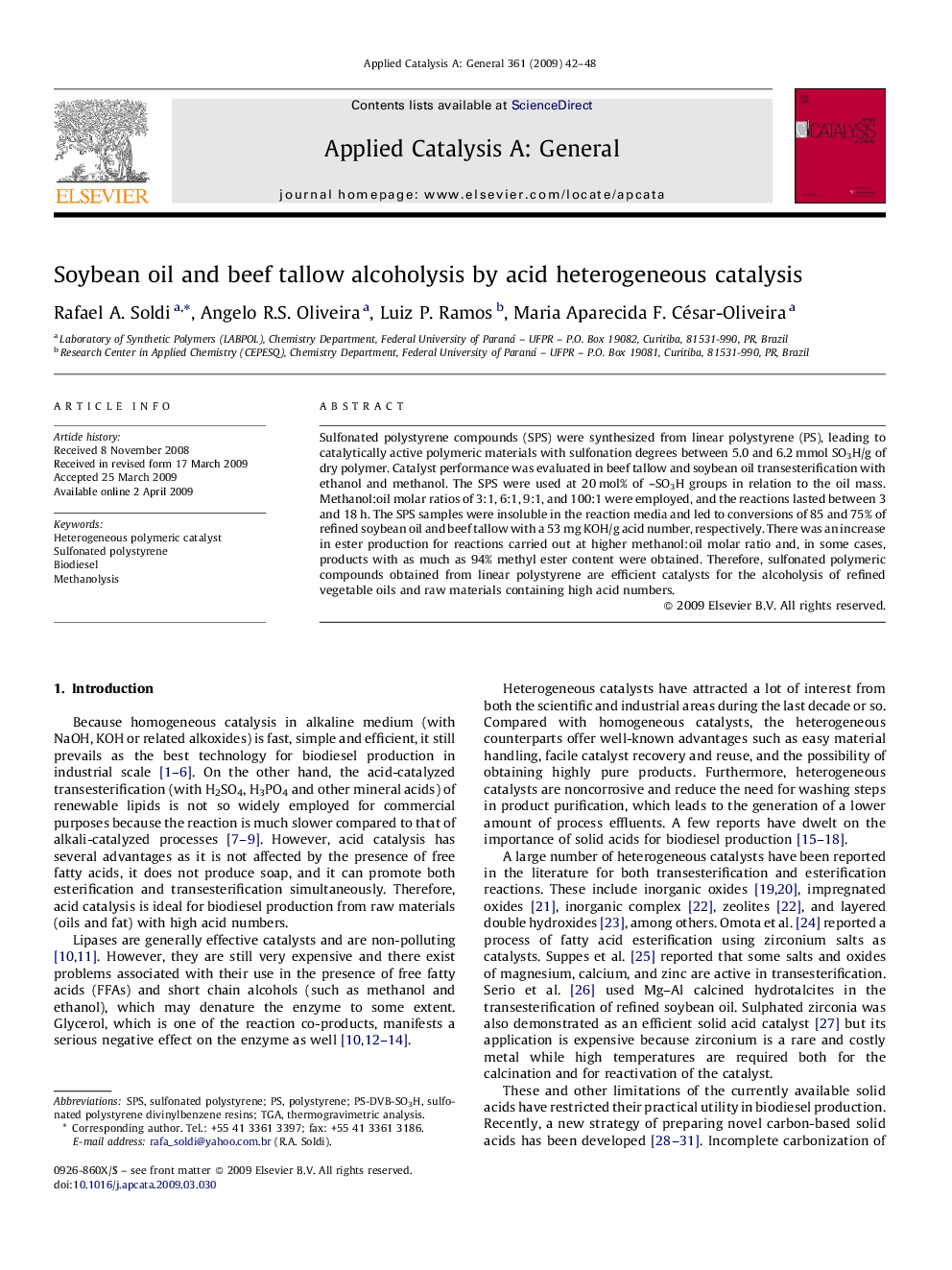 Soybean oil and beef tallow alcoholysis by acid heterogeneous catalysis