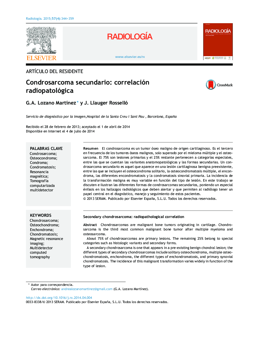 Condrosarcoma secundario: correlación radiopatológica