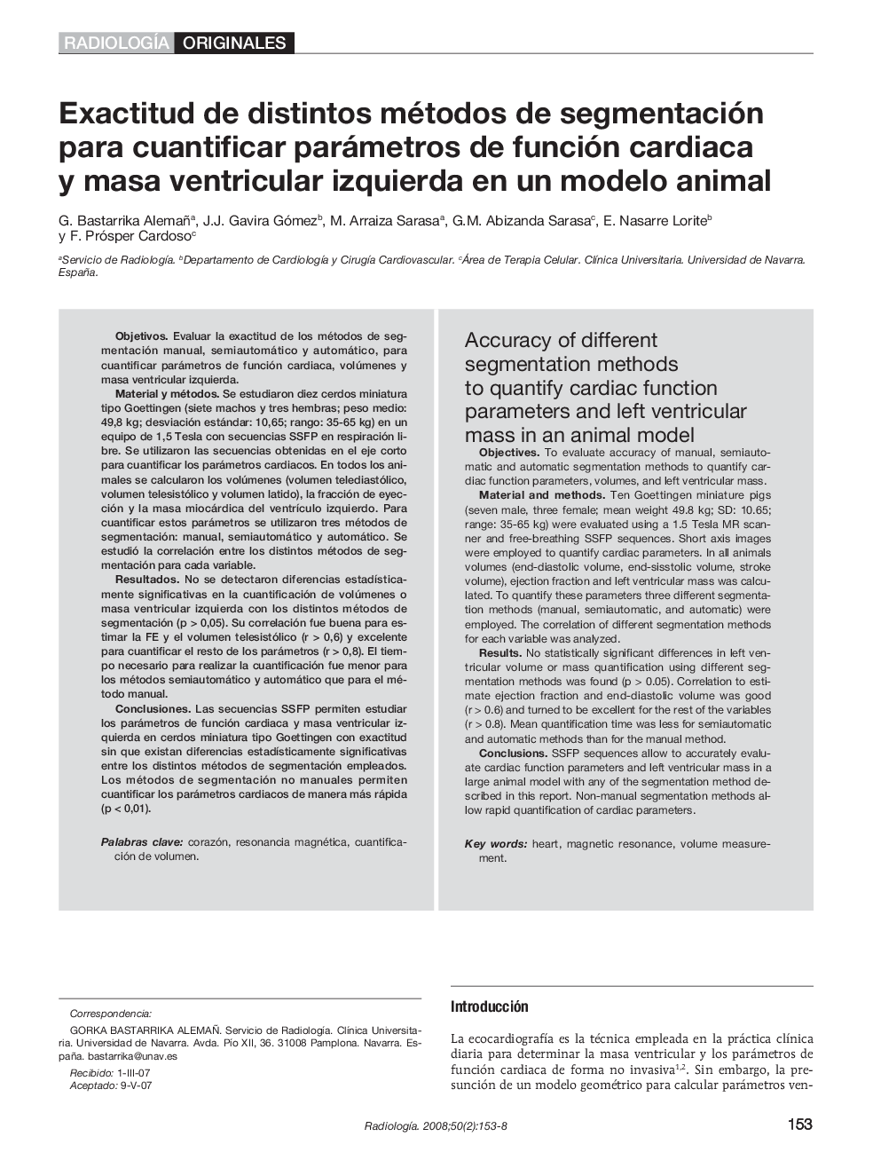 Exactitud de distintos métodos de segmentación para cuantificar parámetros de función cardiaca y masa ventricular izquierda en un modelo animal