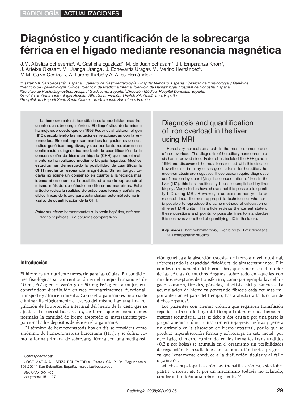 Diagnóstico y cuantificación de la sobrecarga férrica en el hígado mediante resonancia magnética