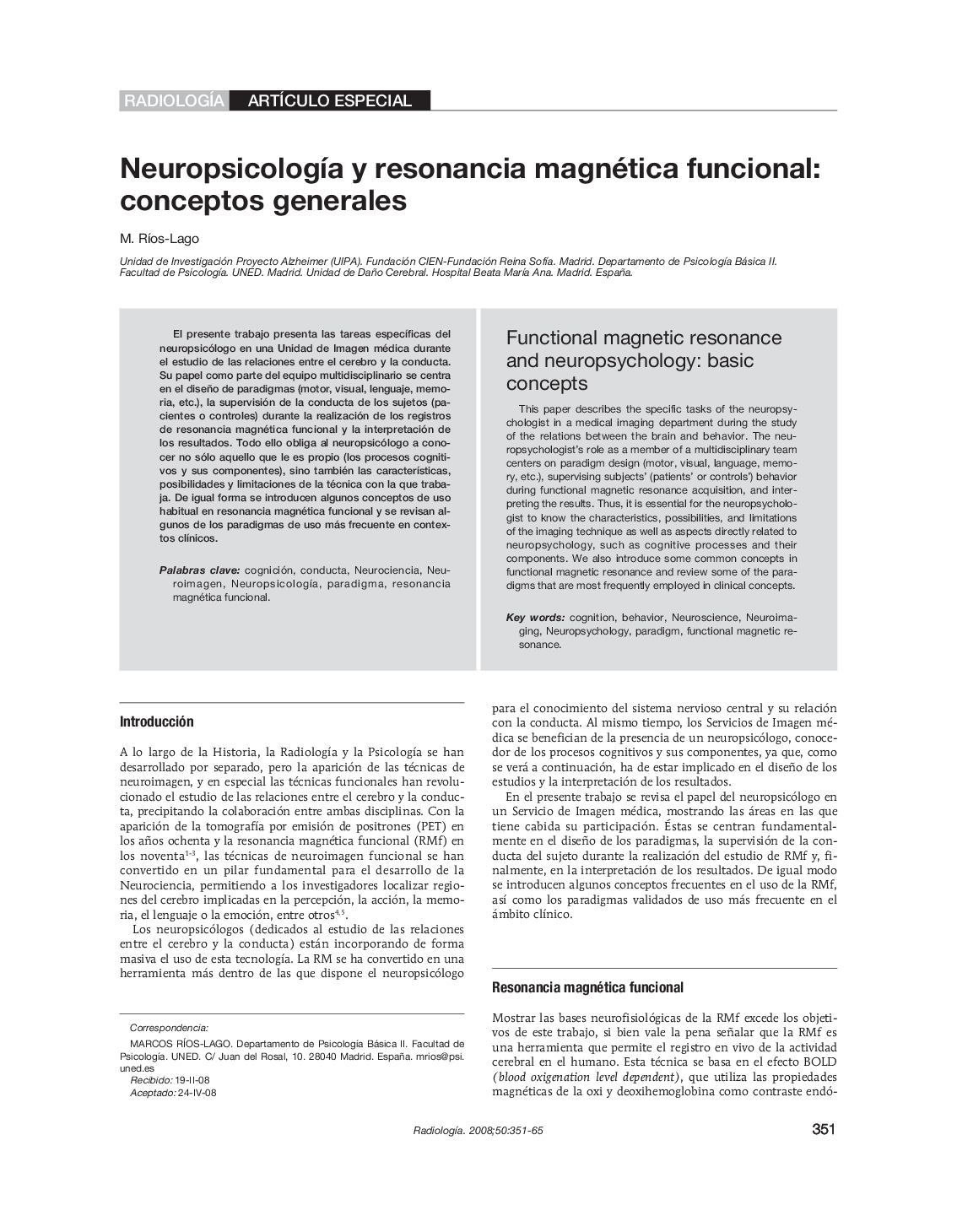 NeuropsicologÃ­a y resonancia magnética funcional: conceptos generales