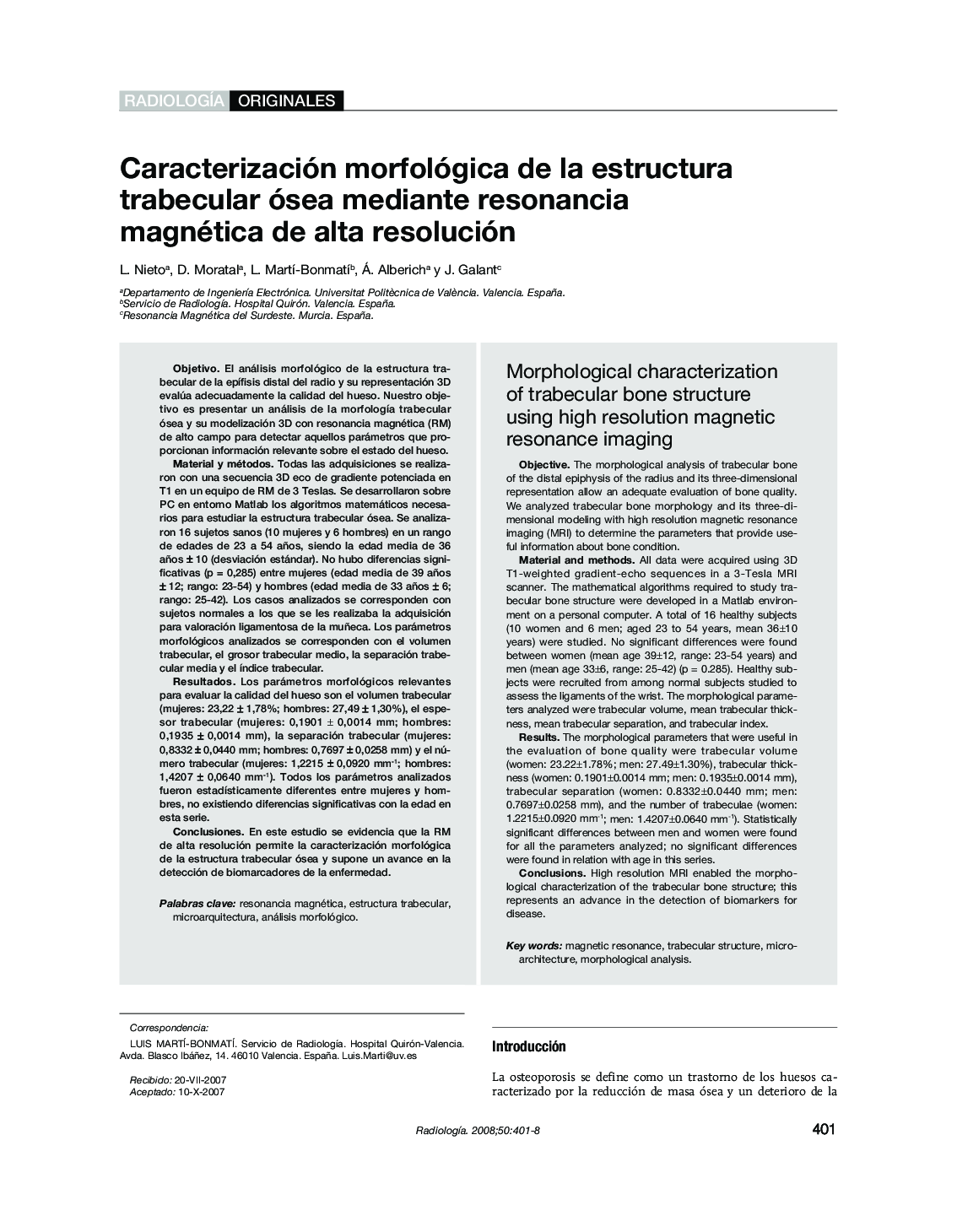 Caracterización morfológica de la estructura trabecular ósea mediante resonancia magnética de alta resolución