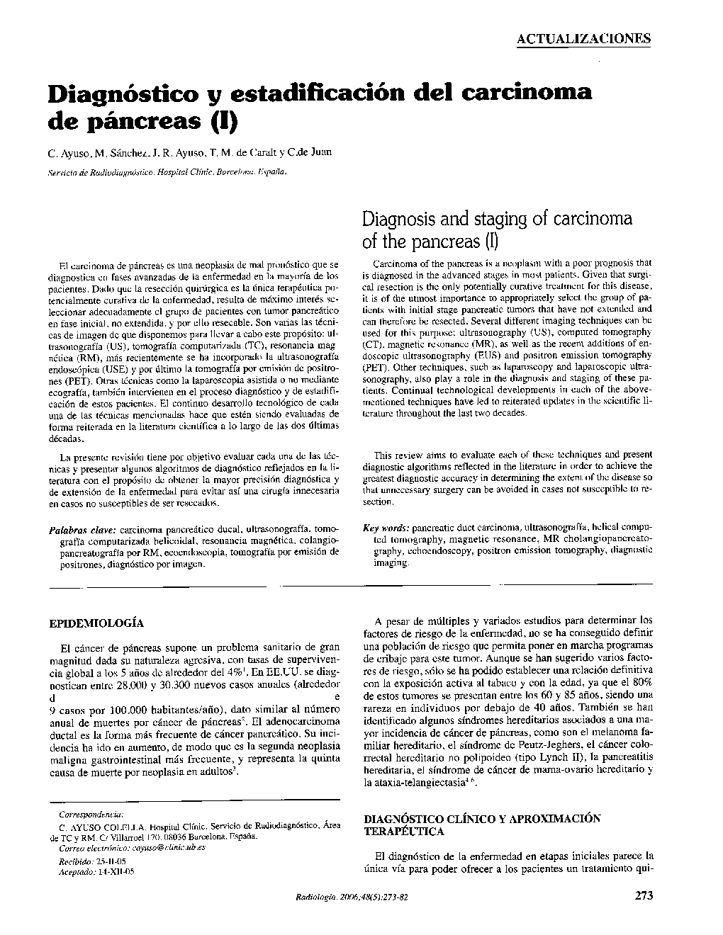 Diagnóstico y estadificación del carcinoma de páncreas (I)