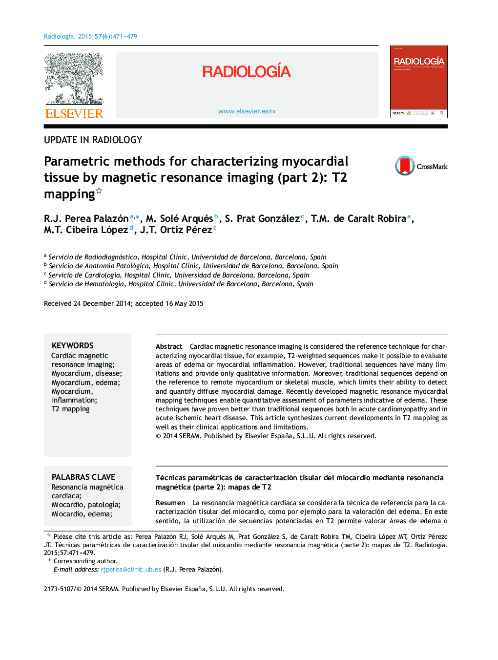 Parametric methods for characterizing myocardial tissue by magnetic resonance imaging (part 2): T2 mapping 